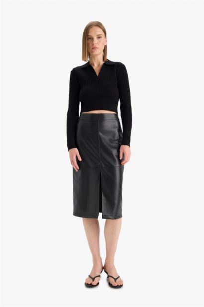 Pencil Skirt Faux Leather High Waist Midi Knitted Skirt
