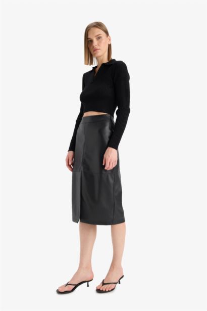 Pencil Skirt Faux Leather High Waist Midi Knitted Skirt