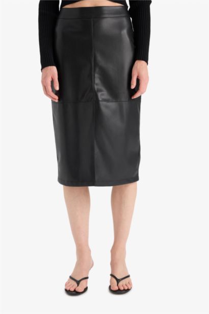 Pencil Skirt Faux Leather High Waist Midi Knitted Skirt