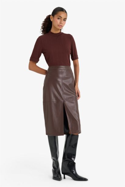 Pencil Skirt Faux Leather High Waist Midi Knitted Skirt