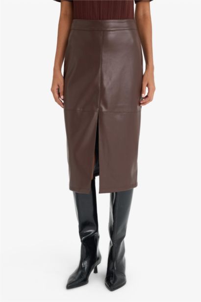 Pencil Skirt Faux Leather High Waist Midi Knitted Skirt