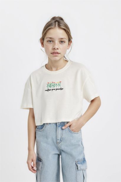 Girl Crew Neck Floral Crop T-Shirt