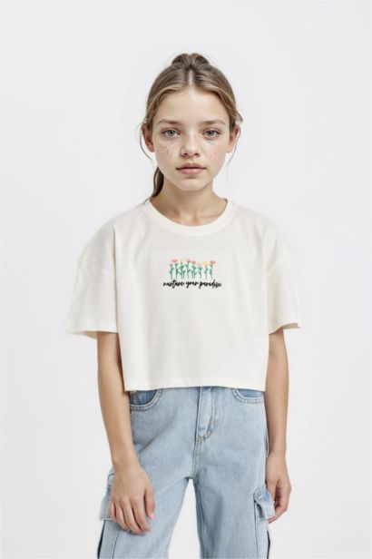 Girl Crew Neck Floral Crop T-Shirt