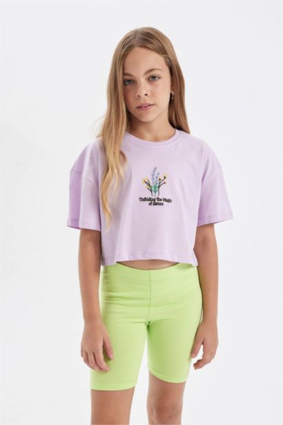 Girl Crew Neck Floral Crop T-Shirt