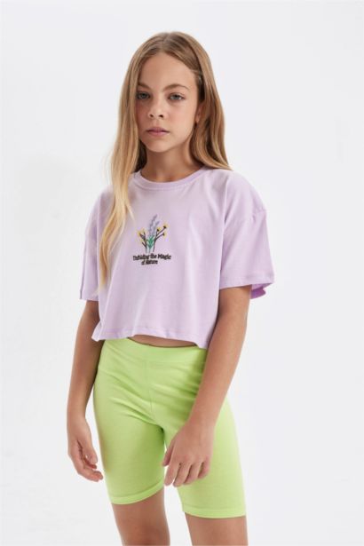 Girl Crew Neck Floral Crop T-Shirt