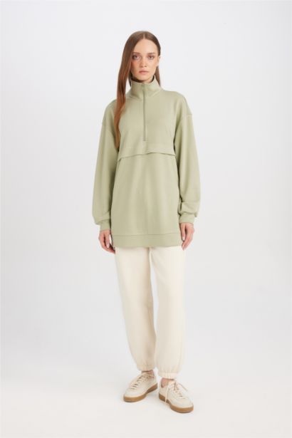 Regular Fit Half Zipper Basic Sweatshirt Tunic