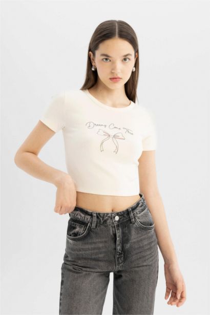 كروب توب نص كم سليم فيت مضلع برقبة مستديرة