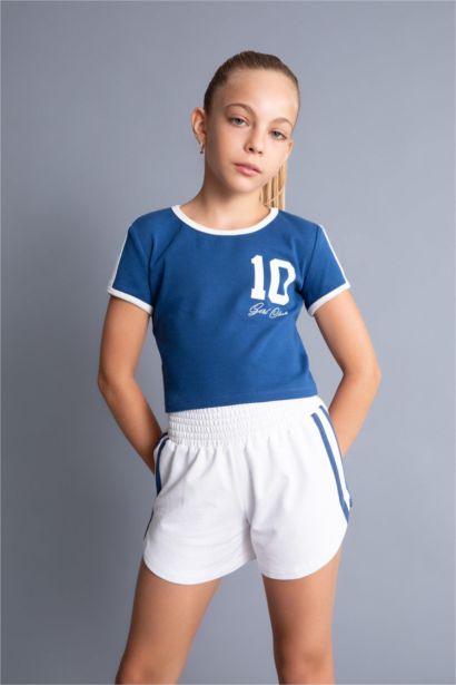 Girl Crew Neck Printed Ribbed Crop T-Shirt