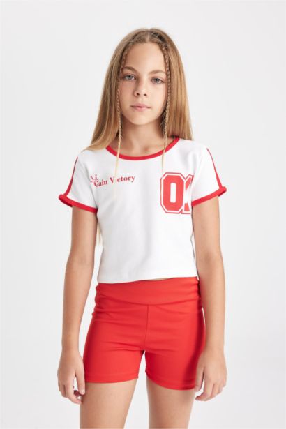 Girl Crew Neck Printed Ribbed Crop T-Shirt