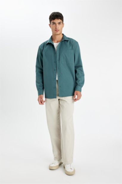 قميص بولو رجالي قطن قصة مريحة وكم طويل