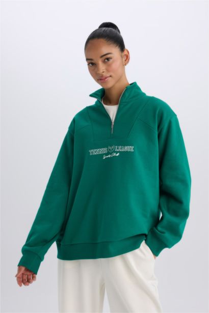 Oversize Geniş Kalıp Dik Yaka Spor Baskılı Sporcu Sweatshirt