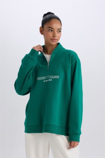 Oversize Geniş Kalıp Dik Yaka Spor Baskılı Sporcu Sweatshirt