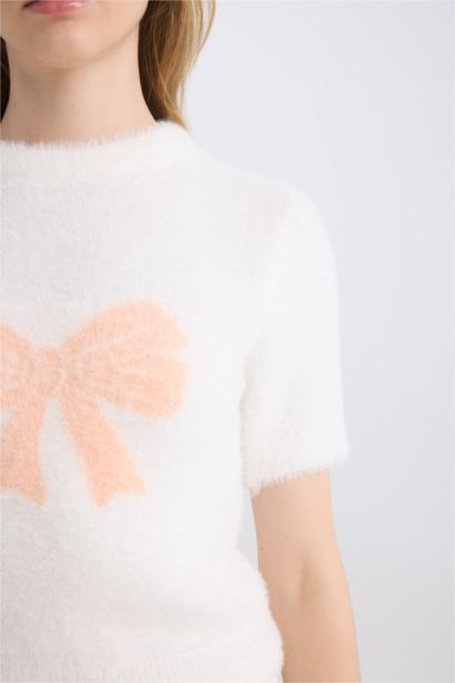 بلوفر تريكو ناعم قصة عادية برقبة مستديرة مفصل بفيونكة