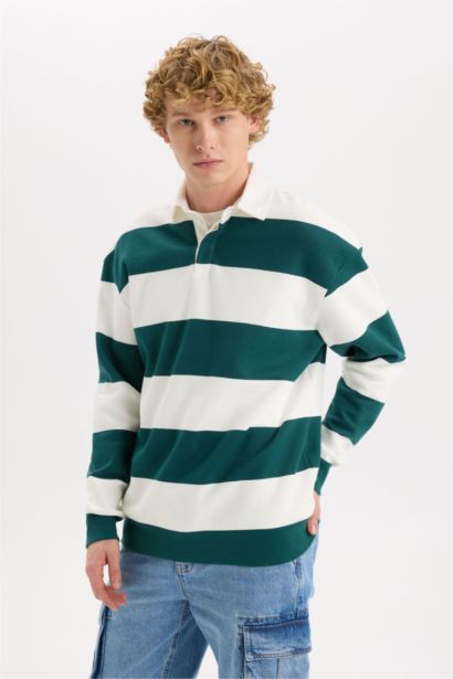 Boxy Fıt Polo Yaka Çizgili Sweatshirt