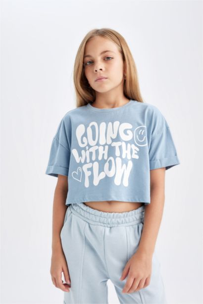 Girl Crew Neck Printed Crop T-Shirt