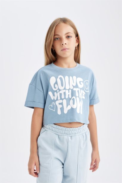 Girl Crew Neck Printed Crop T-Shirt