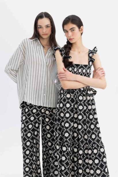 Lug Von Siga x DeFacto %100 Keten Oversize Çizgili Uzun Kollu Gömlek