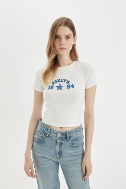 Fitted Crew Neck Printed Rib Short Sleeve T-Shirt