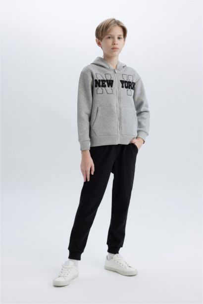 Boy Hooded Printed Zippered Sweatshirt Sweatpants 2 Piece Set