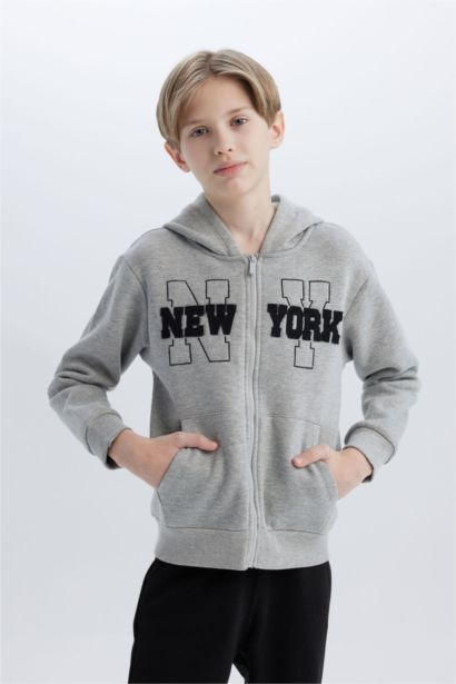 Boy Hooded Printed Zippered Sweatshirt Sweatpants 2 Piece Set