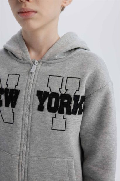 Boy Hooded Printed Zippered Sweatshirt Sweatpants 2 Piece Set