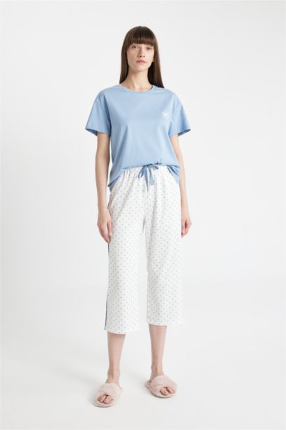 Pijama Takımı Bisiklet Yaka Baskılı Kısa Kollu Üst Beli Lastikli Kapri Alt