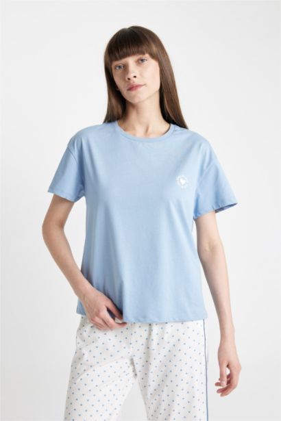 Pijama Takımı Bisiklet Yaka Baskılı Kısa Kollu Üst Beli Lastikli Kapri Alt