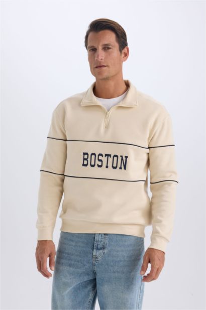 Relax Fit Dik Yaka Fermuarlı Baskılı Kalın Sweatshirt