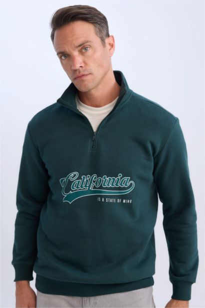 Relax Fit Dik Yaka Fermuarlı Baskılı Kalın Sweatshirt