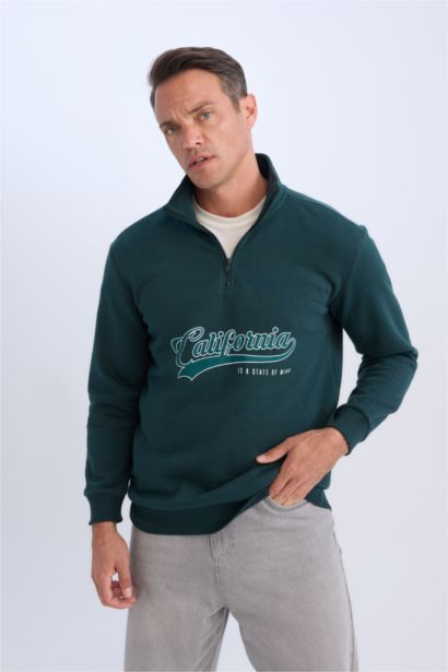 Relax Fit Dik Yaka Fermuarlı Baskılı Kalın Sweatshirt