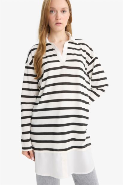 تونيك كم طويل ذو وجهين قصة عادية بياقة بولو