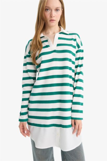 %100 Pamuk Regular Fıt Polo Yaka Çizgili Sweatshirt Tunik