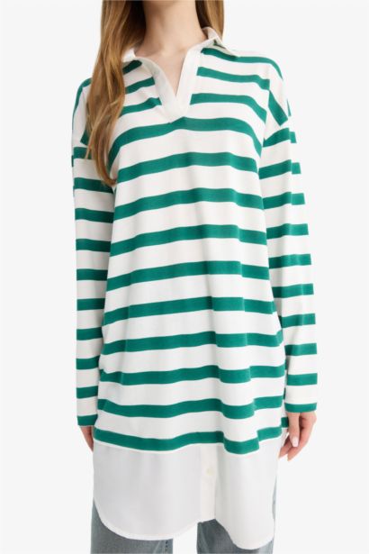 %100 Pamuk Regular Fıt Polo Yaka Çizgili Sweatshirt Tunik