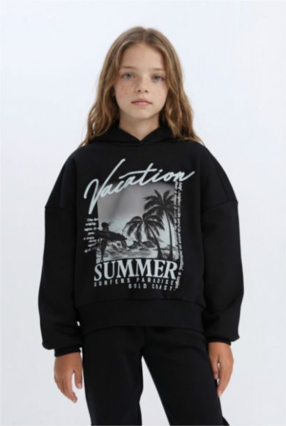 Kız Çocuk 2'li Takım Kapüşonlu Baskılı Sweatshirt Beli Lastikli Jogger Alt