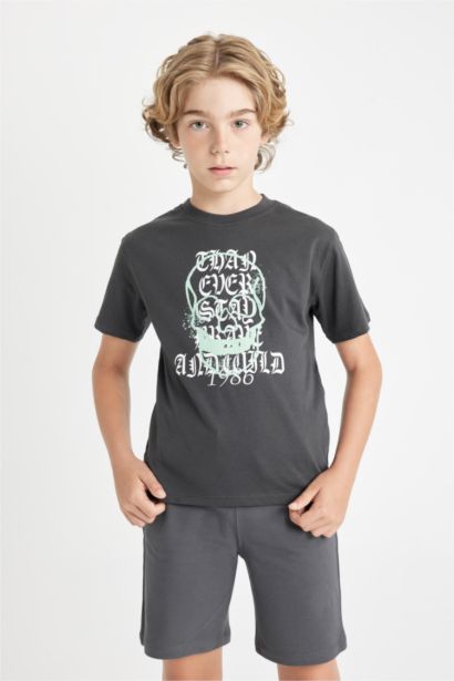 Bisiklet Yaka Baskılı Kısa Kollu Tişört Erkek Çocuk