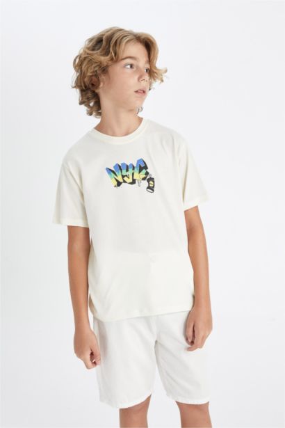 تيشيرت اولادي نص كم مطرز قصة عادية بياقة مستديرة