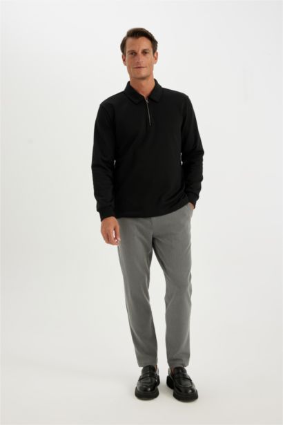 Regular Fit Polo Yaka Yarım Fermuarlı Basic Düz Sweatshirt