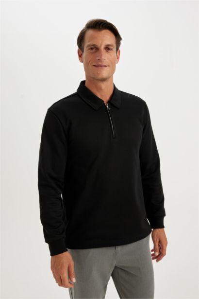 Regular Fit Polo Yaka Yarım Fermuarlı Basic Düz Sweatshirt