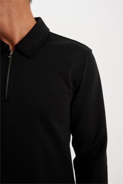 Regular Fit Polo Yaka Yarım Fermuarlı Basic Düz Sweatshirt
