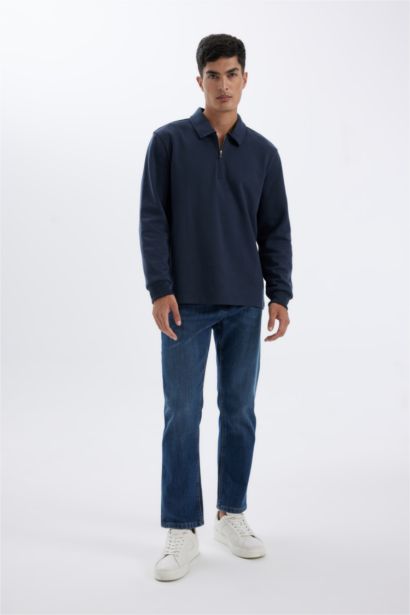 Regular Fit Polo Yaka Yarım Fermuarlı Basic Düz Sweatshirt