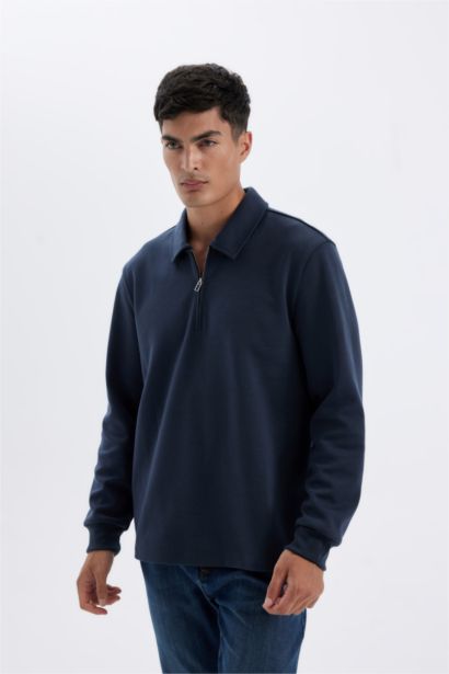 Regular Fit Polo Yaka Yarım Fermuarlı Basic Düz Sweatshirt