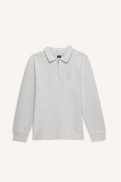 Regular Fit Polo Collar Half Zipper Basic Sweatshirt