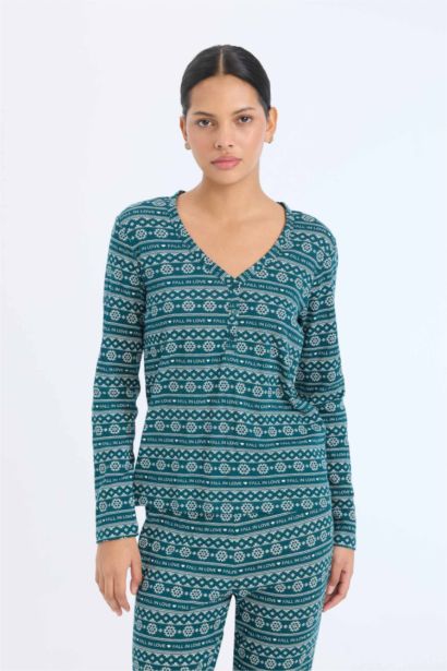 سيت بجامة قصة عادية ردن طويل بطبعة كريسماس - قطعتين