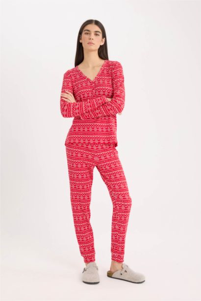 Pijama Takımı Waffle Kumaş Uzun Kollu Üst Beli Lastikli Uzun Alt