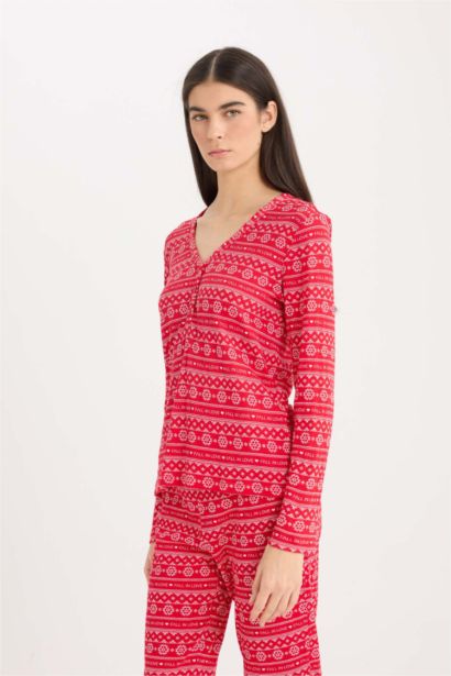 Pijama Takımı Waffle Kumaş Uzun Kollu Üst Beli Lastikli Uzun Alt