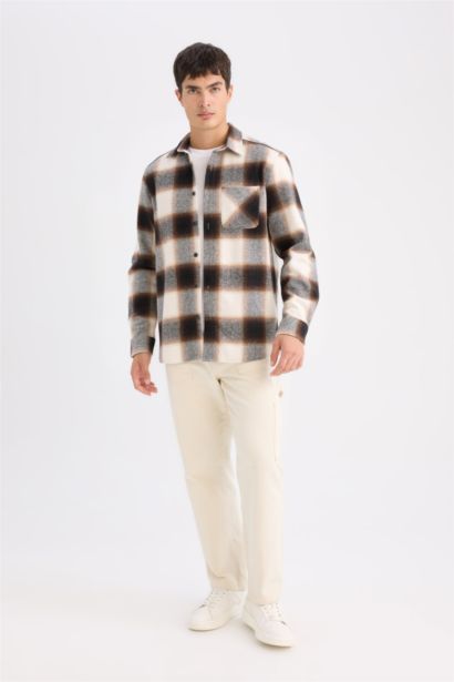 Regular Fit Polo Collar Plaid Flannel Long Sleeve Shirt