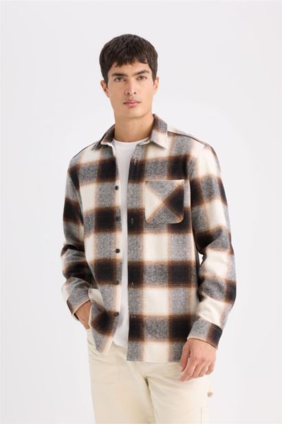 Regular Fit Polo Collar Plaid Flannel Long Sleeve Shirt