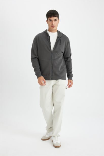Comfort Regular Fit Rahat Kalıp Kapüşonlu Kalın İçi Yumuşak Tüylü Fermuarlı Sweatshirt