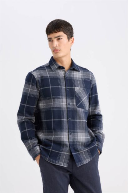 Regular Fit Polo Collar Plaid Flanel Long Sleeve Shirt