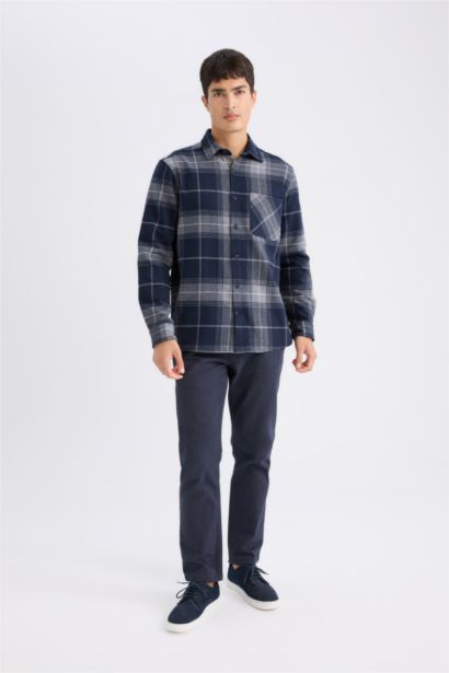 Regular Fit Polo Collar Plaid Flanel Long Sleeve Shirt